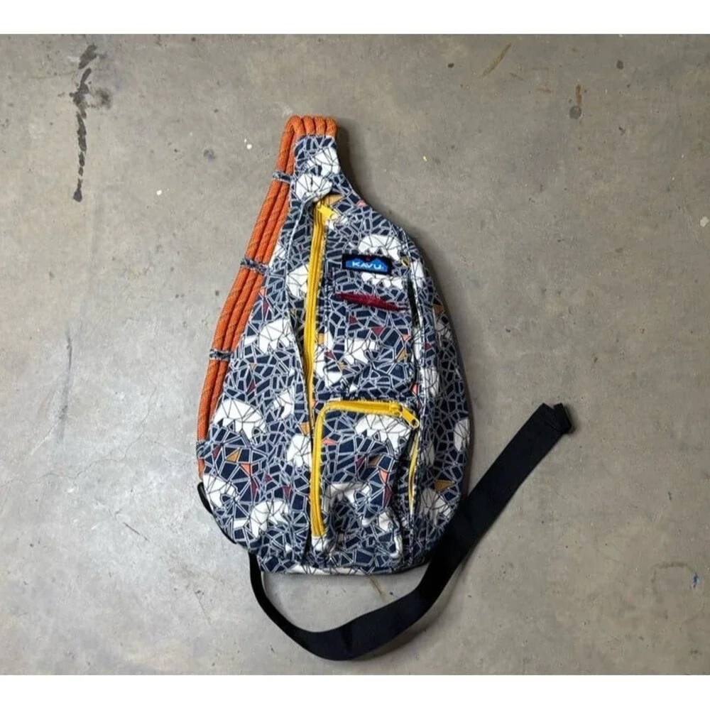 KAVU Mini Rope Bag in the Polar Mosaic pattern 3 Outer Zipper Compartments